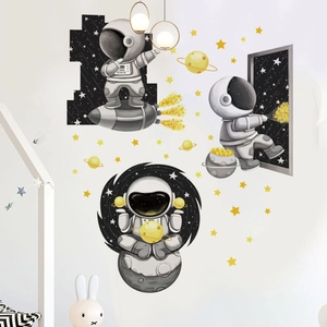 Cartoon astronaut wall sticker set with rocket and stars for kids room wall decoration