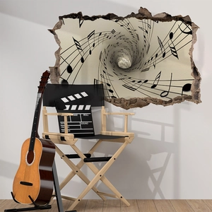 3D Musiknoten Wandtattoo Detail mit realistischem Mauerdurchbruch und Spiralnotendesign