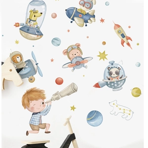 Cartoon animal astronaut wall stickers for kids room featuring dogs and bears in space