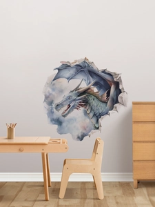 Detaillierter 3D-Dino-Wandtattoo mit Mauerdurchbruch-Effekt in einem Heimbüro-Szenario