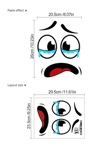 Detail of funny crying face toilet sticker showing layout size and paste effect dimensions