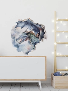 3D-Aquarell-Dinosaurier-Wandaufkleber mit einem mythischen Drachen, der die Wand durchbricht