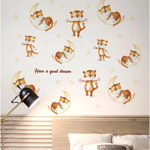 Adesivi murali con tigre dei cartoni animati e luna per decorazione camera bambini