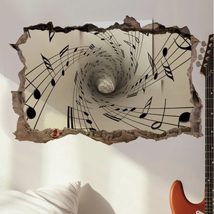 Detailliertes 3D-Wandtattoo mit Musiknoten-Vortex-Effekt auf einer weißen Wand