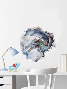 Detaillierte Ansicht des 3D-Wandstickers mit einem blauen Drachen, der die Wand durchbricht