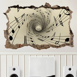 Detailliertes 3D-Wandtattoo mit zerbrochener Wand und Musiknoten für die Innenraumdeko