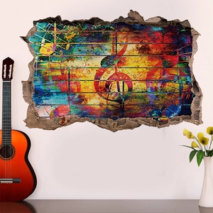 Detailansicht der 3D-Wandsticker mit farbenfrohen Musiknoten und Notenschlüssel-Motiv