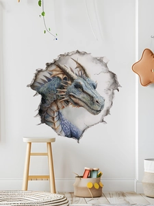 Detail eines 3D-Dinosaurier-Wandstickers mit realistischem blauen Drachen für die Dekoration