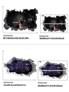 Detail of 3D wall stickers featuring rock musical instruments and DJ mixer consoles