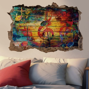 Detail eines 3D Wandtattoos mit Musiknoten über einem Bett in wohnlicher Umgebung