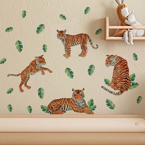 Tiger wall stickers set with green leaves for children room and living room home decor