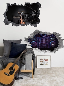 Detail of 3D music instrument wall stickers with broken wall effect on white living room wall