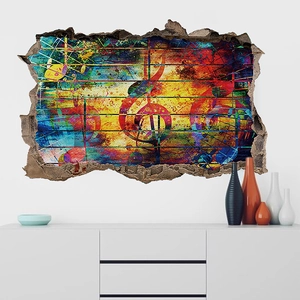 Detailliertes 3D-Wandtattoo mit bunten Musiknoten über einem weißen Schrank