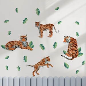 Tiger and tropical green leaves wall stickers set for living room home wall decor