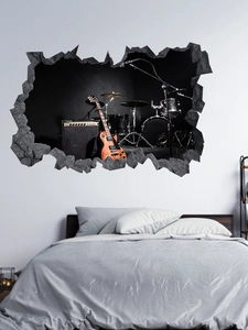 3D broken wall effect wall sticker with rock musical instruments in bedroom decor
