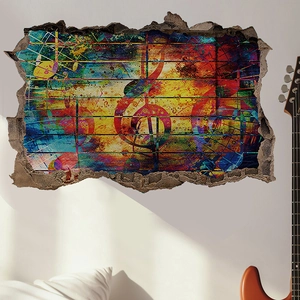 Makroansicht des 3D-Musik-Wandtattoos mit farbigem Notenschlüssel und Mauerdurchbruch