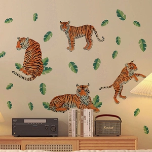 Realistic brown tiger wall decals with green leaves for living room home decor