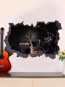 3D wall sticker with musical theme featuring drums and guitar in broken wall effect