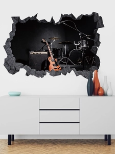 3D cracked wall decal featuring rock instruments and electric guitar over a cabinet