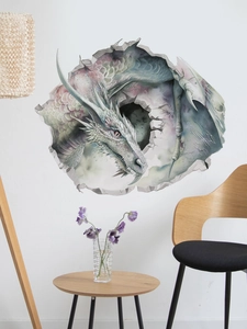 Detaillierter 3D-Wandaufkleber eines weißen Drachen, der durch eine Wand bricht