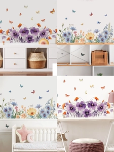 Detailed view of colorful floral and butterfly wall decals in various home interior settings