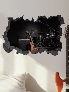 Detailed 3D broken wall music studio sticker with drum set and electric guitar