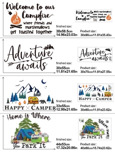 Detailed size chart showing outdoor camping wall stickers with various adventure quotes