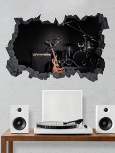 Detailed 3D broken wall music studio wall sticker featuring drums and guitar
