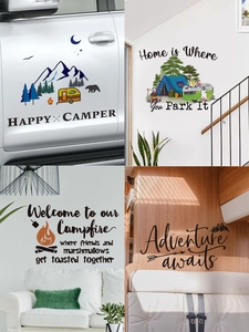 Detail shots of outdoor camping wall stickers applied to various surfaces and car bodies
