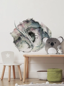 Detail eines 3D-Dinosaurier-Wandaufklebers mit einem grünen Drachen, der die Wand durchbricht