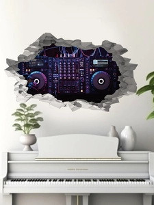 3D broken wall sticker featuring a DJ controller with cyber neon lights for home decor