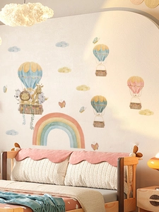 Nursery wall decals featuring watercolor animals in hot air balloons with rainbows and clouds