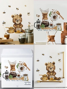 Kitchen wall stickers featuring cartoon honey bear and hand-drawn coffee brewing set