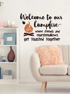 Wall sticker featuring Welcome to our Campfire quote with colorful bonfire icon for home decor