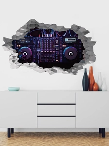 Macro view of 3D creative wall sticker featuring a realistic professional DJ mixer design