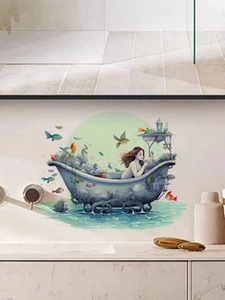 Detail der Cartoon-Mädchen Badewanne Wandsticker mit Fischen und Pflanzen im Bad