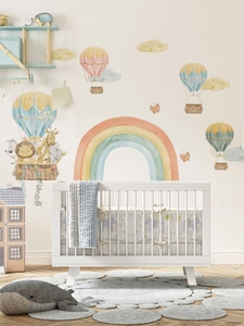 Detailed watercolor animal hot air balloon wall decal for nursery room wall decoration