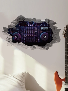 Macro detail of 3D DJ mixer wall sticker with realistic turntables and faders for room decor