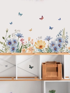 Detailed watercolor floral wall stickers featuring blue yellow flowers and butterflies