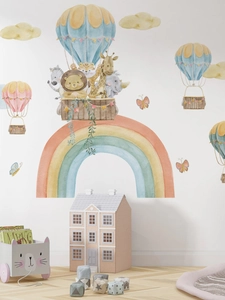Detail of watercolor cartoon animals in hot air balloons with a rainbow wall sticker