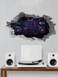 Detailed view of 3D effect DJ mixer wall decal with neon lights and vinyl record player