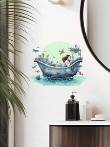 Wandaufkleber Cartoon-Mädchen liest in der Badewanne für moderne Badwanddekoration