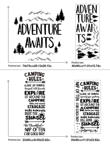 Detailed size specifications for camping adventure mountain wall decals with dimensions