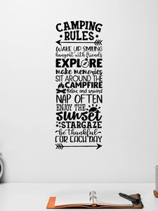 Detailed view of black Camping Rules PVC wall decal with mountain and forest illustrations