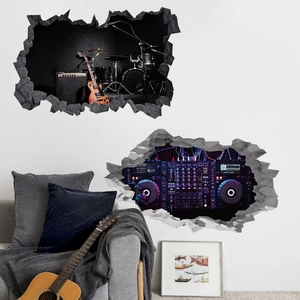 3D Broken Wall Sticker Musical Instruments Rock Band DJ Mixer Console PVC Removable Decal For Living Room Home Art Mural Decor