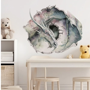 3D-Wandtattoo mit realistischem weißem Drachen und Mauerdurchbruch für Kinderzimmer