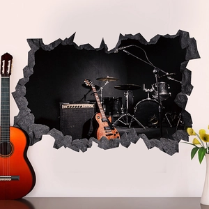 Creative 3D broken wall music wall sticker with drums and guitar for living room decor