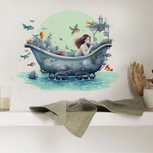 Traumhafter Cartoon Mädchen In Badewanne Wandaufkleber Fantasy Illustration PVC Abnehmbares Selbstklebendes Wandbild Dekor