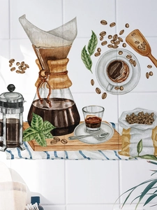Artistic watercolor coffee themed wall stickers featuring a drip pot and roasted beans