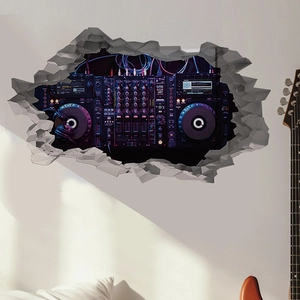 3D broken wall sticker featuring a professional DJ mixer and headphones for room decor